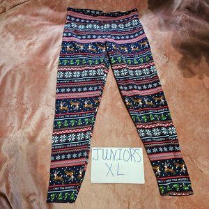 Juniors XL Reindeer Sleigh All Day Faux Fur Lined Black Pull On Legging Bottoms